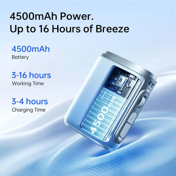 JisuLife Neck Fan Life5 showing 4500mAh battery with 16 hours of cooling power, ideal for corporate gift Singapore.