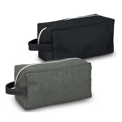 Nirvana Toiletry Bag in black and grey, durable poly-canvas with chrome zip, ideal corporate gift.