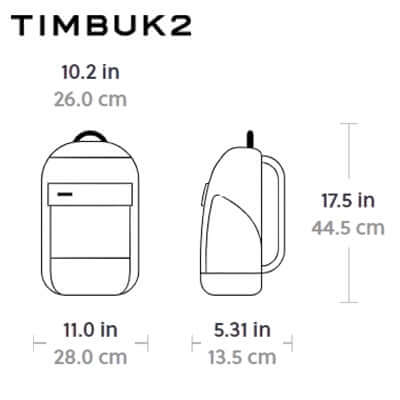 Dimensions of Timbuk2 Parkside Laptop Backpack 2.0: 10.2 in x 11.0 in x 17.5 in.