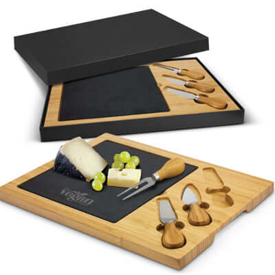 Slate Cheese Board featuring bamboo design, removable slate insert, and cheese utensils, perfect for entertaining and corporate gift.