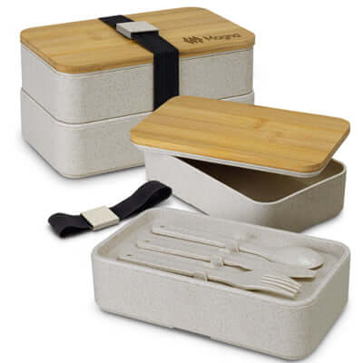 Stackable Lunch Box with bamboo lid, eco-friendly design, and utensils, perfect as a Corporate Gift Singapore.