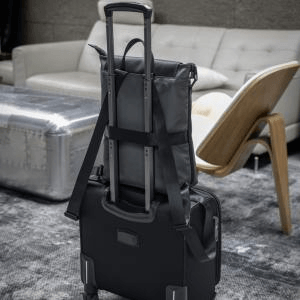 Brand Charger Virtuo AER Backpack showcased on luggage, ideal corporate gift for modern professionals.