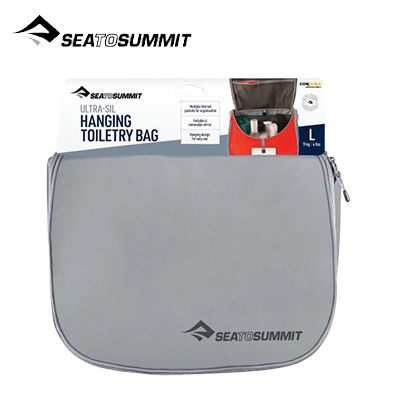 Sea To Summit Ultra-Sil Toiletry Bag Large displayed in gray packaging with a hanging hook for travel convenience.