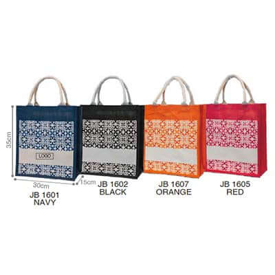Jute Bag with Patterns in navy, black, orange, and red, eco-friendly and stylish, perfect for corporate gifts.