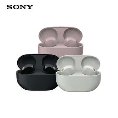 Sony Truly Wireless Earbuds WF-1000XM5 in black, white, and pink charging cases.