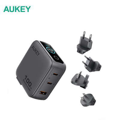 AUKEY PA-B9U Nova PinS 100W GaN Wall Charger Smart Display with Interchangeable Plugs and multiple plug types