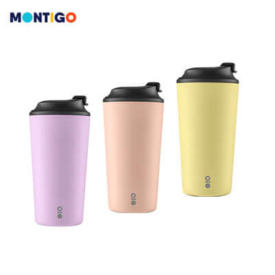 Montigo Bliss Sense Coffee Cup Large in purple, pink, and yellow - perfect corporate gift for coffee lovers.