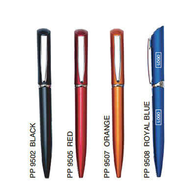 4 colorful 9g Plastic Ball Pen options: black, red, orange, and royal blue for corporate gifts.