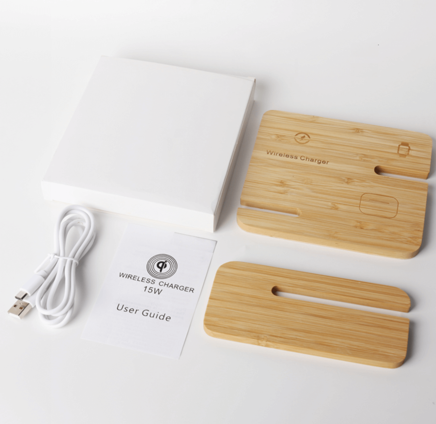 15W 3in 1 Bamboo Wireless Charger kit including charger pad, USB cable, user guide and elegant bamboo design.