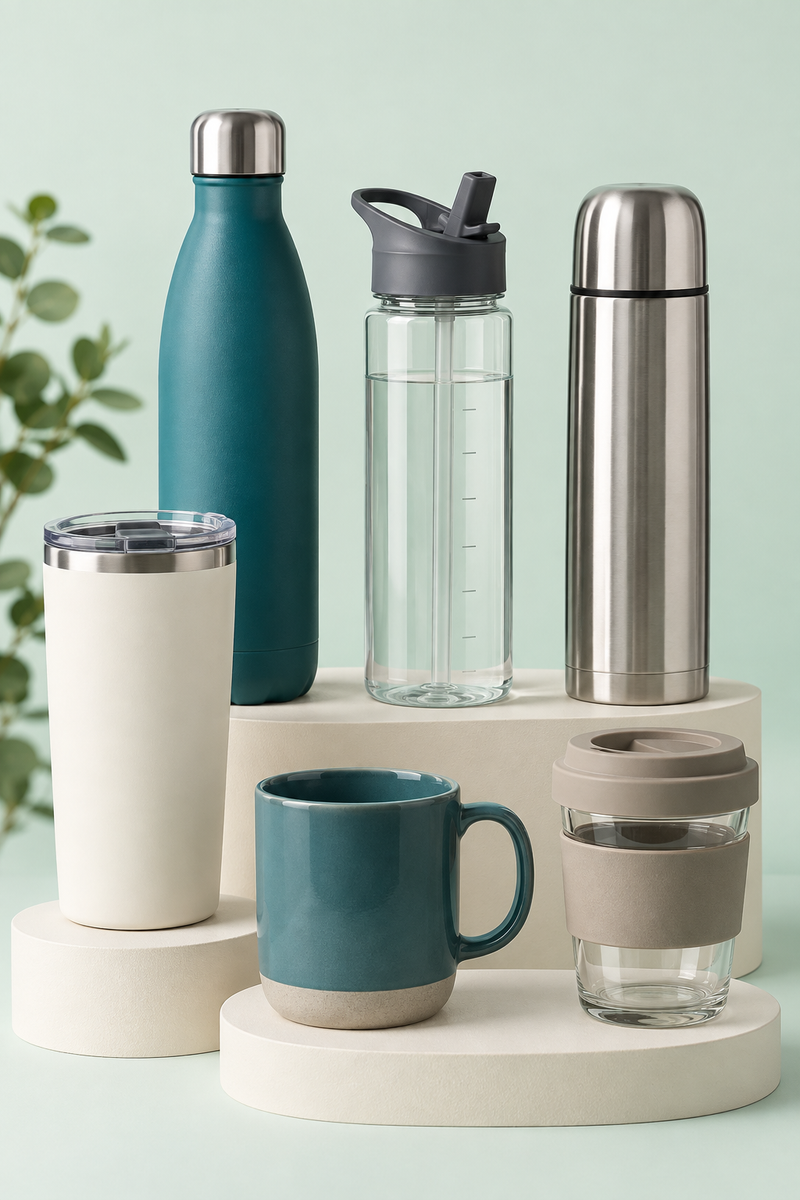 Drinkware collection with bottles tumblers flasks and reusable cups