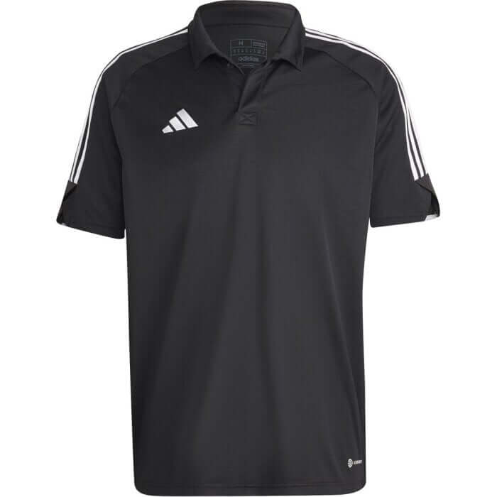 Adidas Tiro 23 Polo Tee in black with three stripes and a ribbed collar, ideal for casual and athletic wear.