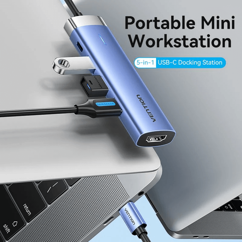 Vention Compact 5-in-1 USB-C Docking Station providing versatile connectivity in a portable design.