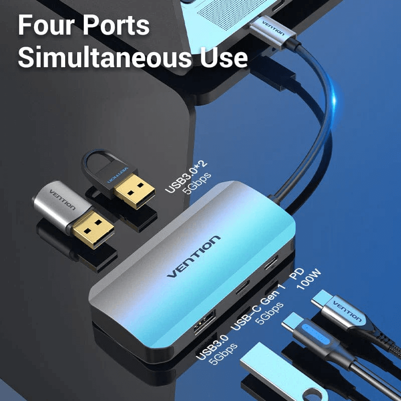 Vention 5-in-1 USB-C Hub with PD 100W showing four ports for simultaneous use and fast data transfer.