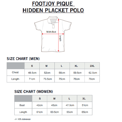 Size chart for Footjoy Pique Hidden Placket Polo featuring measurements for men and women.