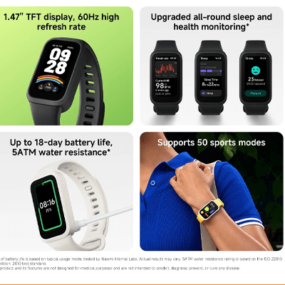 Xiaomi Smart Band 9 Active features including heart rate monitoring, sports modes, and long battery life.