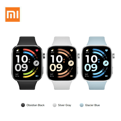 Xiaomi Watch 6 in Obsidian Black, Silver Gray, and Glacier Blue. Sleek smartwatch with vibrant display.