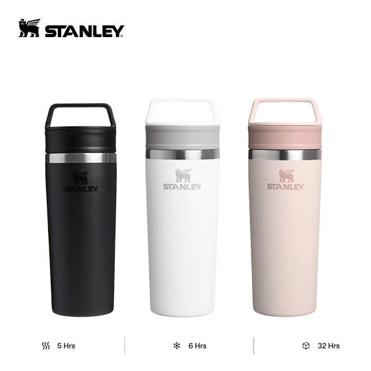 STANLEY Cafe-to-Go Travel Mug 16oz in black, white, and pink with insulation duration details.