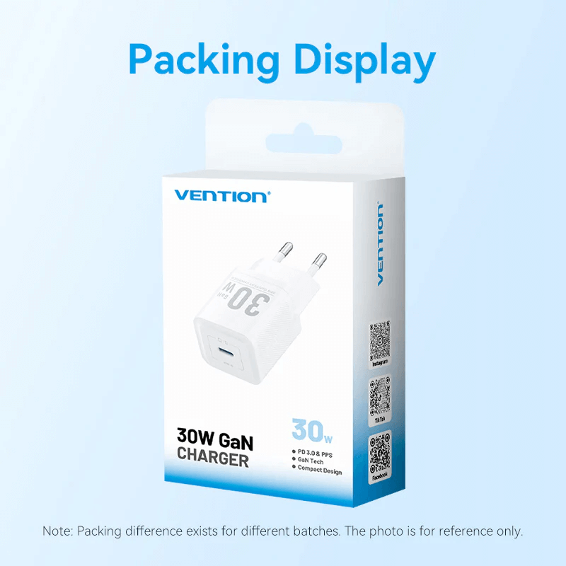 Packing display of Vention 1-Port USB-C GaN Charger 30W with compact design and 30W output.