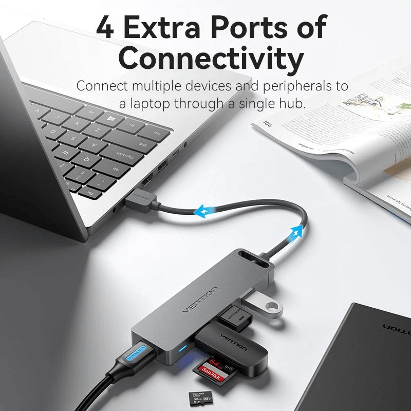 Vention 5-in-1 USB 3.0 Super Speed Hub connected to a laptop, showcasing 4 extra ports of connectivity.