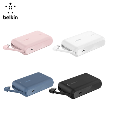 Belkin Power Bank 10K with Integrated Cable BPB021fqBK available in pink, white, blue, and black colors.