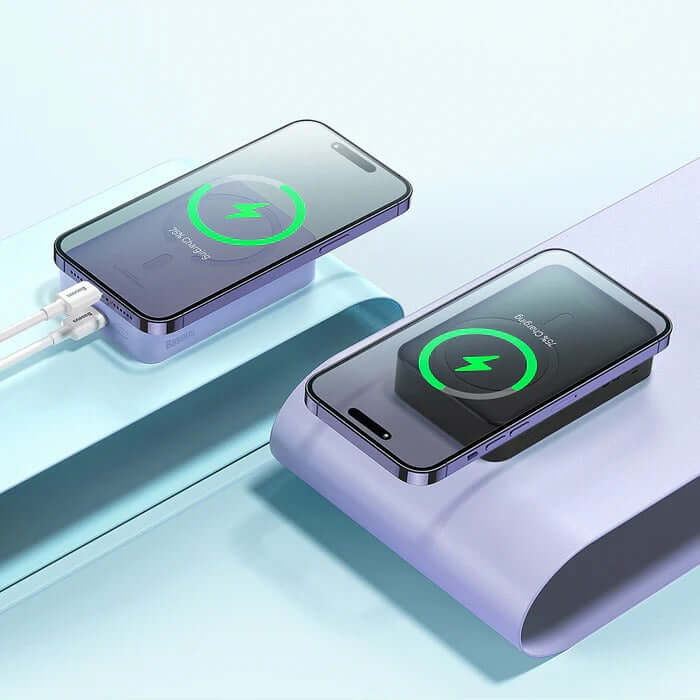 Baseus Magnetic Mini Power Bank 20000mAh 20W charging two devices with wireless power.
