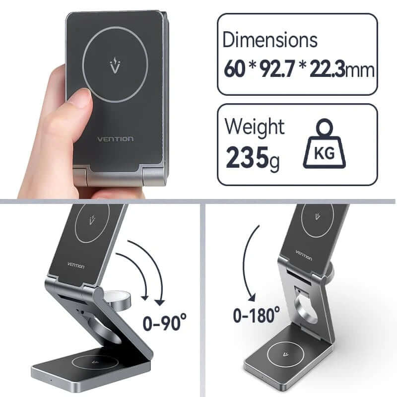Vention 3-in-1 15W Wireless Charger Stand with MagSafe dimensions and adjustable design