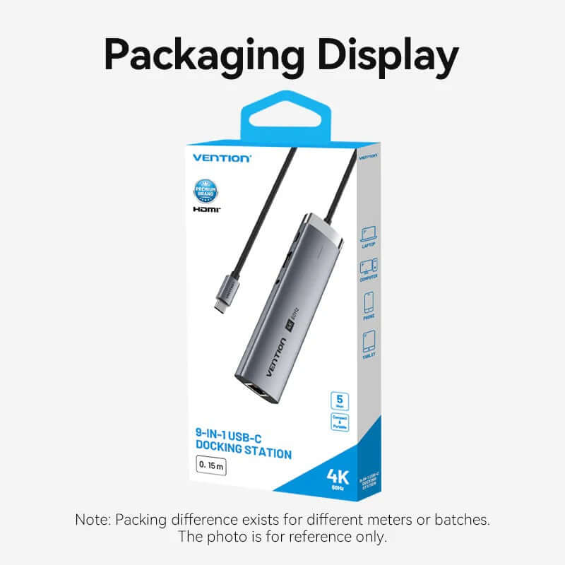 Vention 9-in-1 USB-C Docking Station packaging display showing a sleek design and connectivity options.