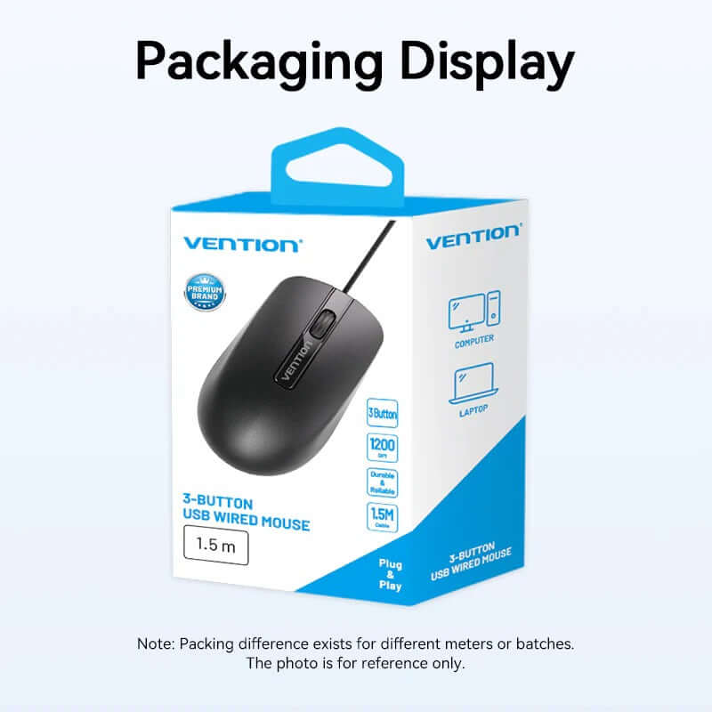 Vention 3-Button USB Wired Mouse packaging display with ergonomic design and plug and play functionality.