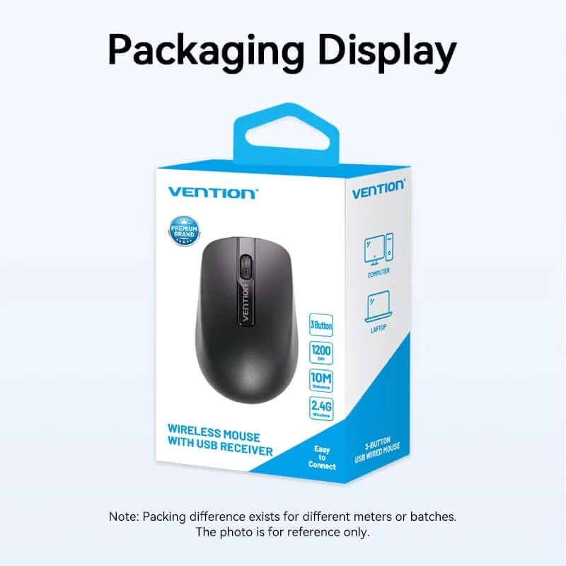 Vention 3-Button Wireless Computer Mouse packaging display with USB receiver for easy connectivity.