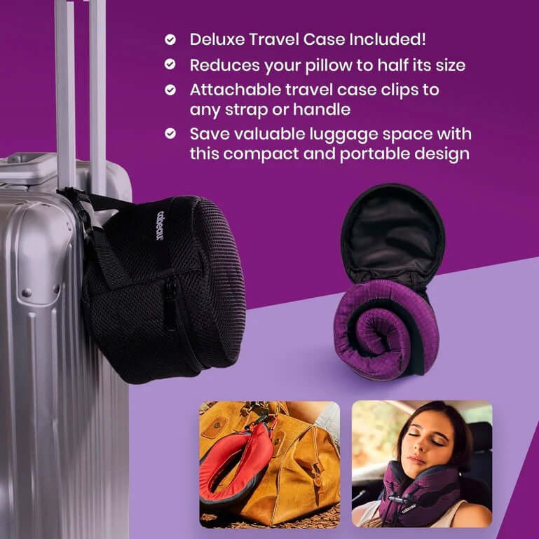 Cabeau Evolution Cool Travel Neck Pillow in deluxe travel case attached to suitcase for easy portability.