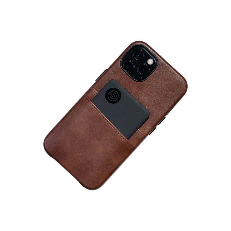 Tile Slim Bluetooth Tracker placed in a brown leather phone case for convenient tracking.