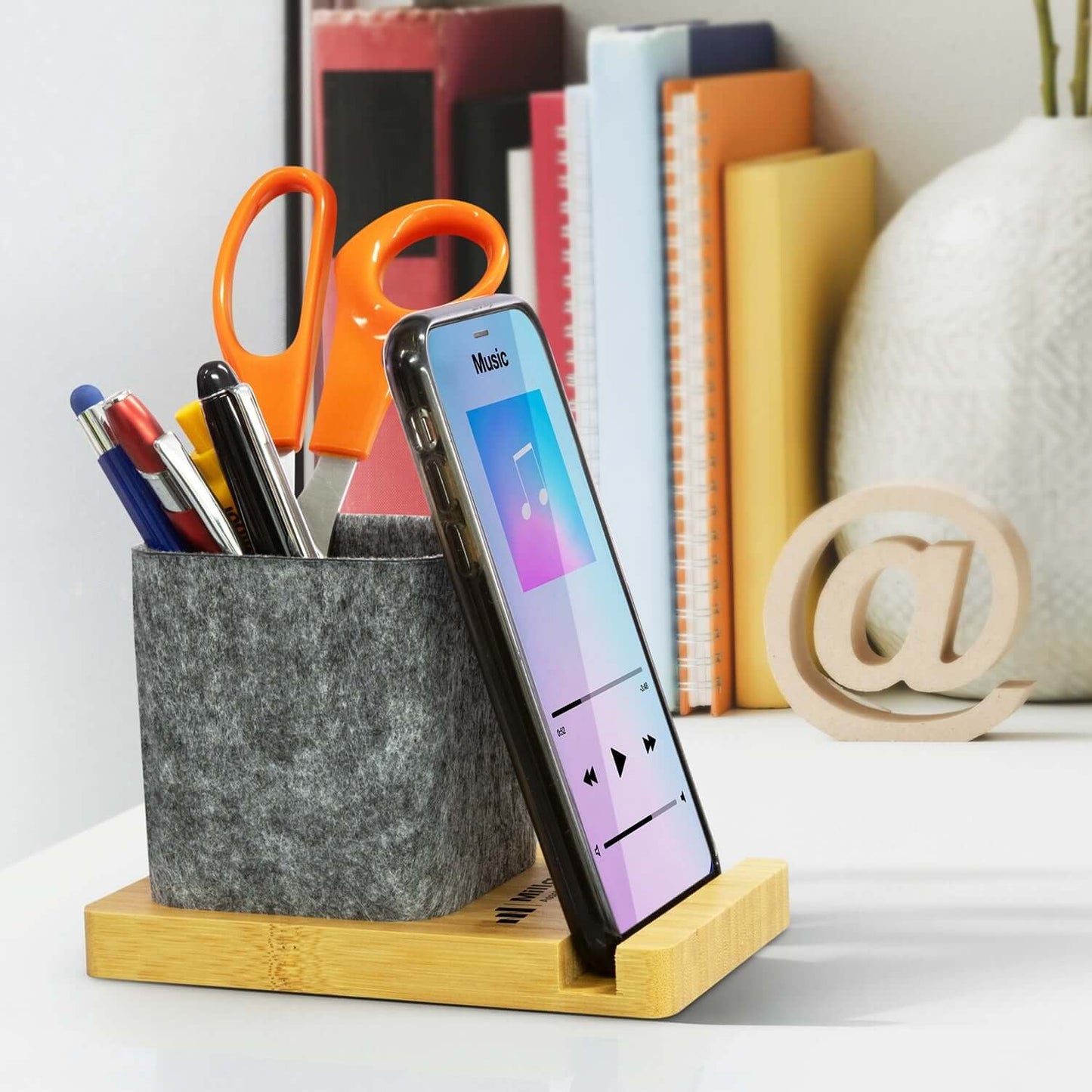 NATURA Bamboo Phone Stand Desk Caddy with stationery and phone, ideal for corporate gifts and organized workspace.