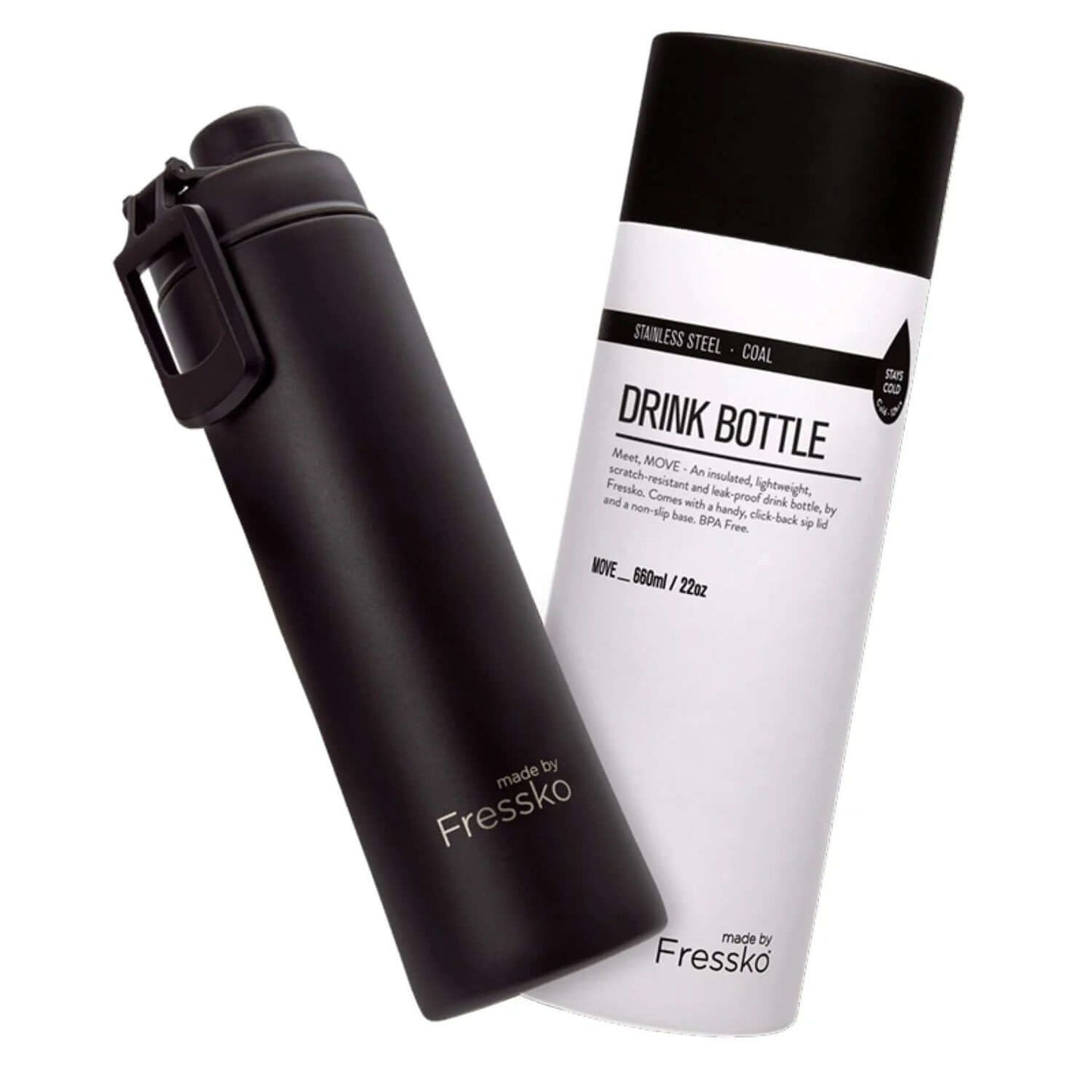 Made By Fressko Move 22oz Insulated Stainless Steel Drink Bottle with packaging, perfect for outdoor activities.