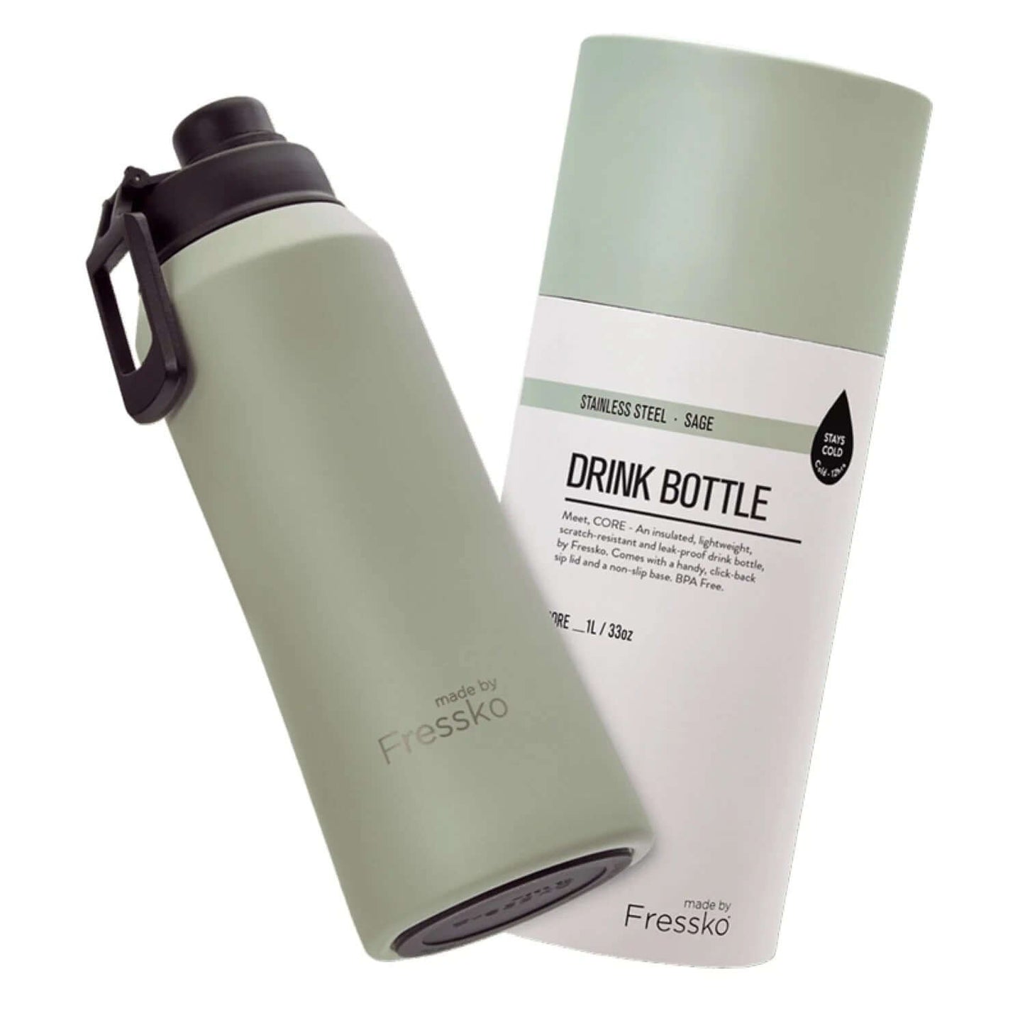 Made By Fressko Core 34oz Insulated Stainless Steel Drink Bottle with box, stylish green color, perfect corporate gift.