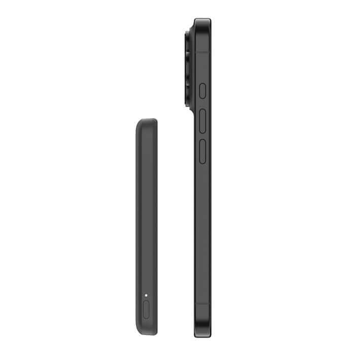 Belkin Slim Magnetic Power Bank 5K with CCC BPD010fqBK demonstrating its ultra-slim design from the side view.