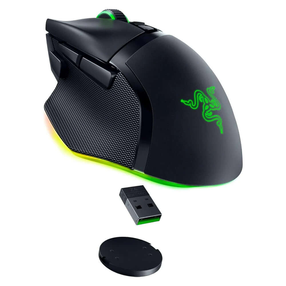 Razer Basilisk V3 Pro Wireless Gaming Mouse with USB dongle and charging dock for gamers.