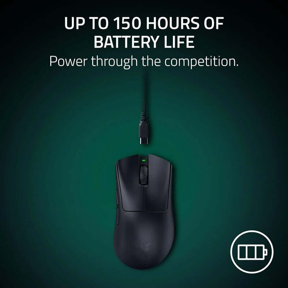 Razer DeathAdder V4 Pro Wireless Gaming Mouse showcasing up to 150 hours of battery life power through the competition.