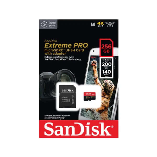 SanDisk Extreme PRO microSDXC QuickFlow UHS-I 256GB packaging with speeds up to 200 MB/s for high-performance storage.