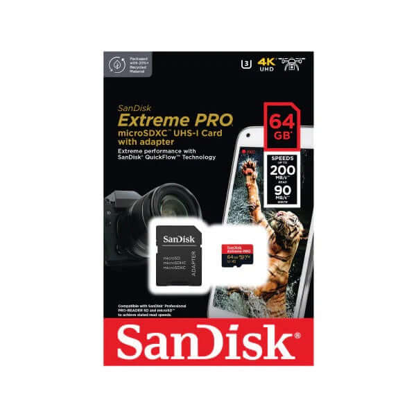 SanDisk Extreme PRO microSDXC QuickFlow UHS-I 64GB card packaging with camera and smartphone.