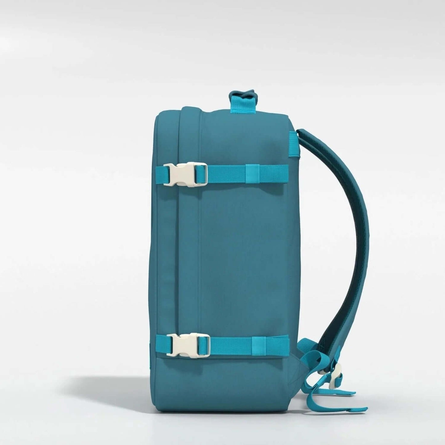 Cabinzero Classic Backpack 36L side view in teal color, featuring straps and buckles, ideal as a Corporate Gift.