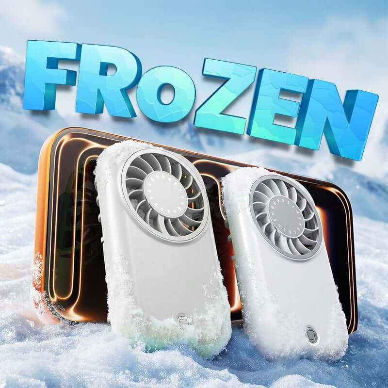 Typhoon Mini Turbo Fan displayed in a winter setting with frost, showcasing its cooling effect.