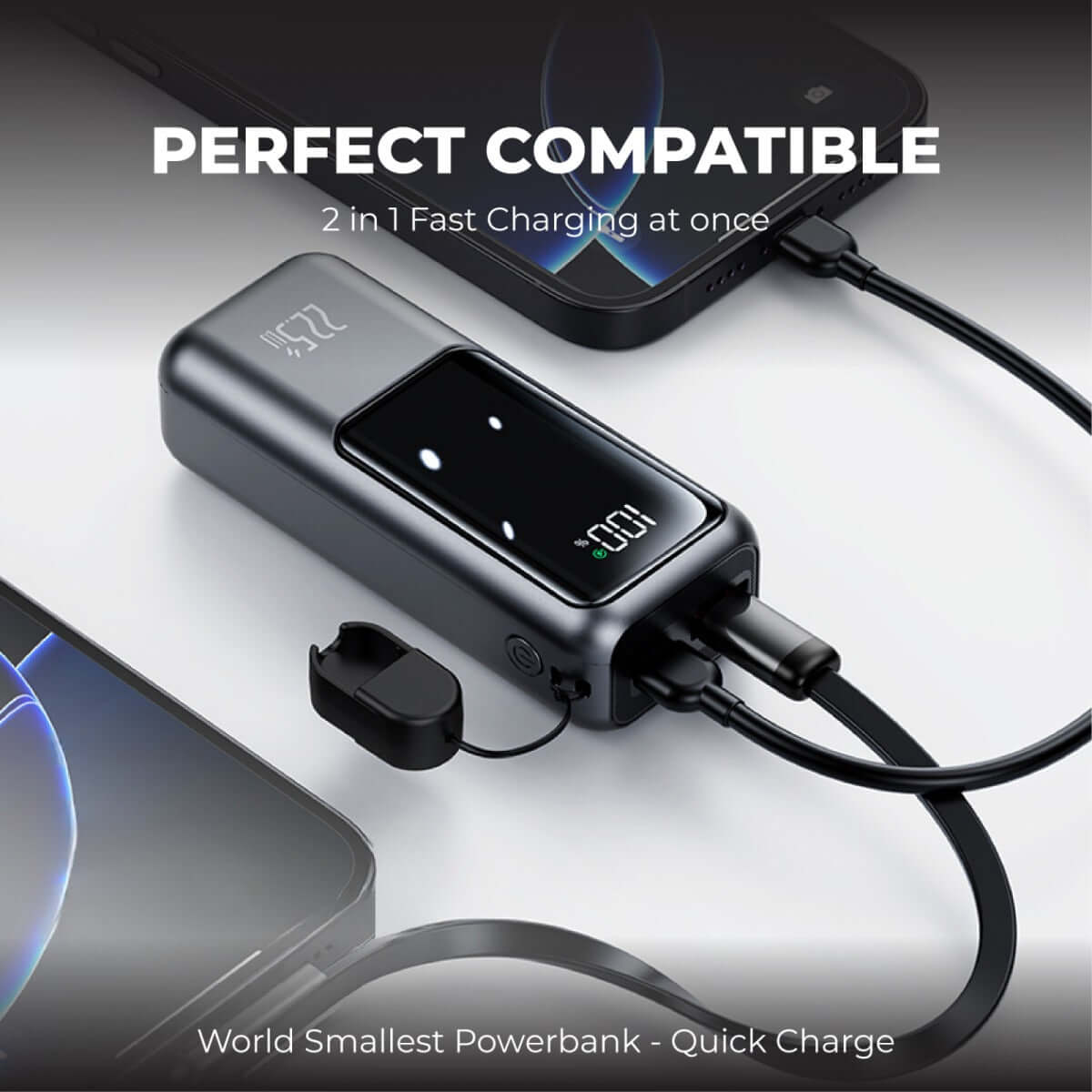 10000mAh World Smallest Powerbank QC3.0 + PD22.5W Super Quick Charge with dual fast charging capability.
