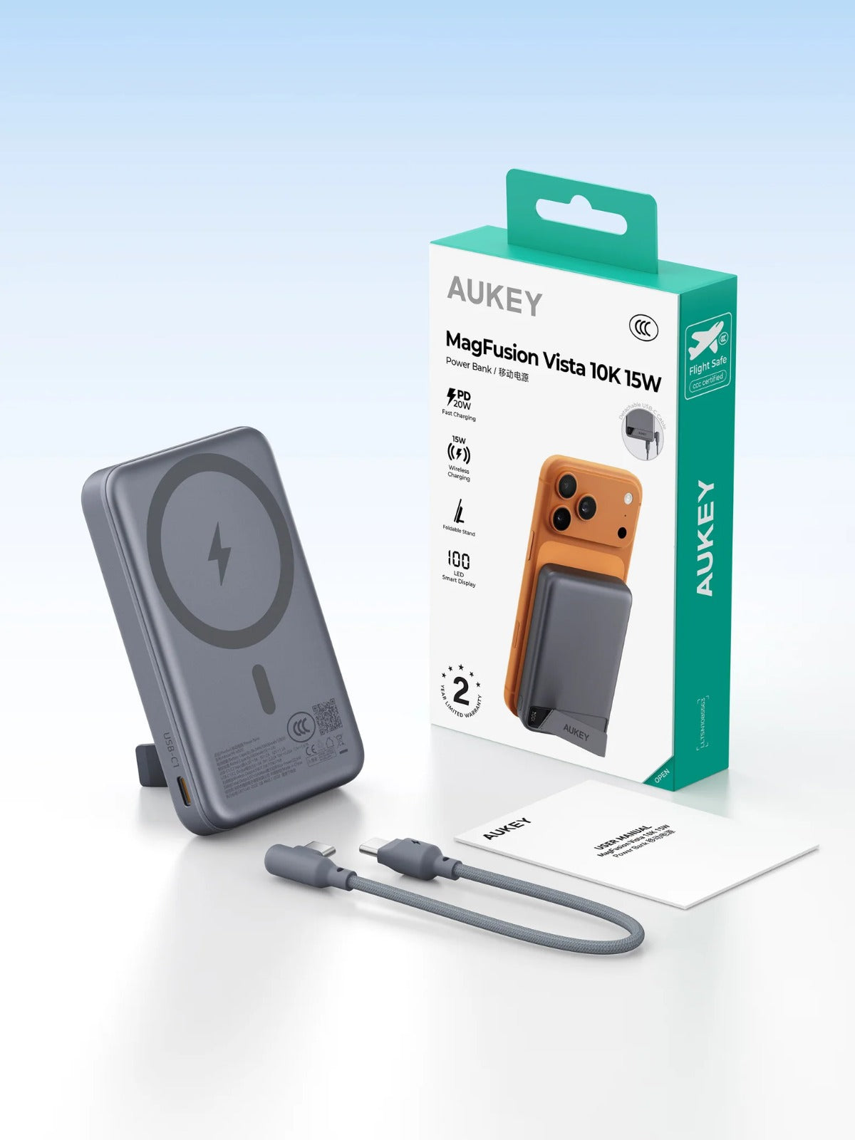 Aukey PB-MS20 MagFusion Vista 10000mAh 15W Wireless Power Bank w Built in Cable CCC Certified