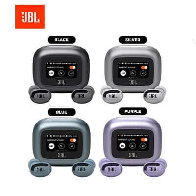 JBL Live Buds 3 Wireless Earbuds in black, silver, blue, and purple with charging case.