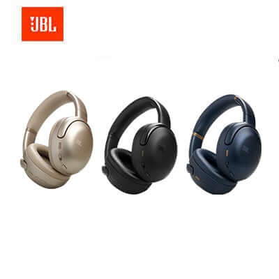 JBL Tour One M3 Wireless On-Ear Headphones in gold, black, and blue colors with JBL logo.
