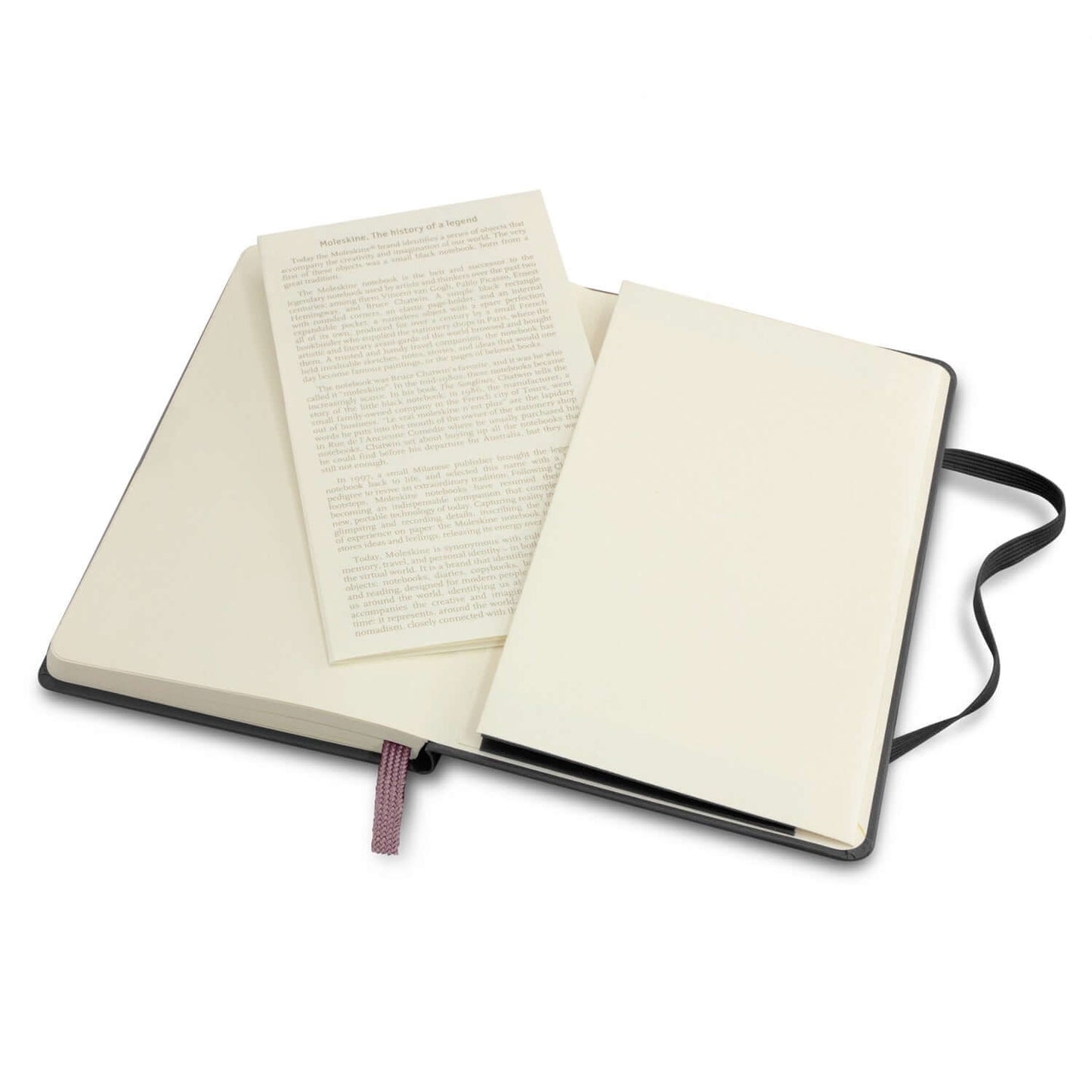 Moleskine Classic Hard Cover Notebook - Pocket opened, featuring ivory pages and a ribbon bookmark for easy note-taking.