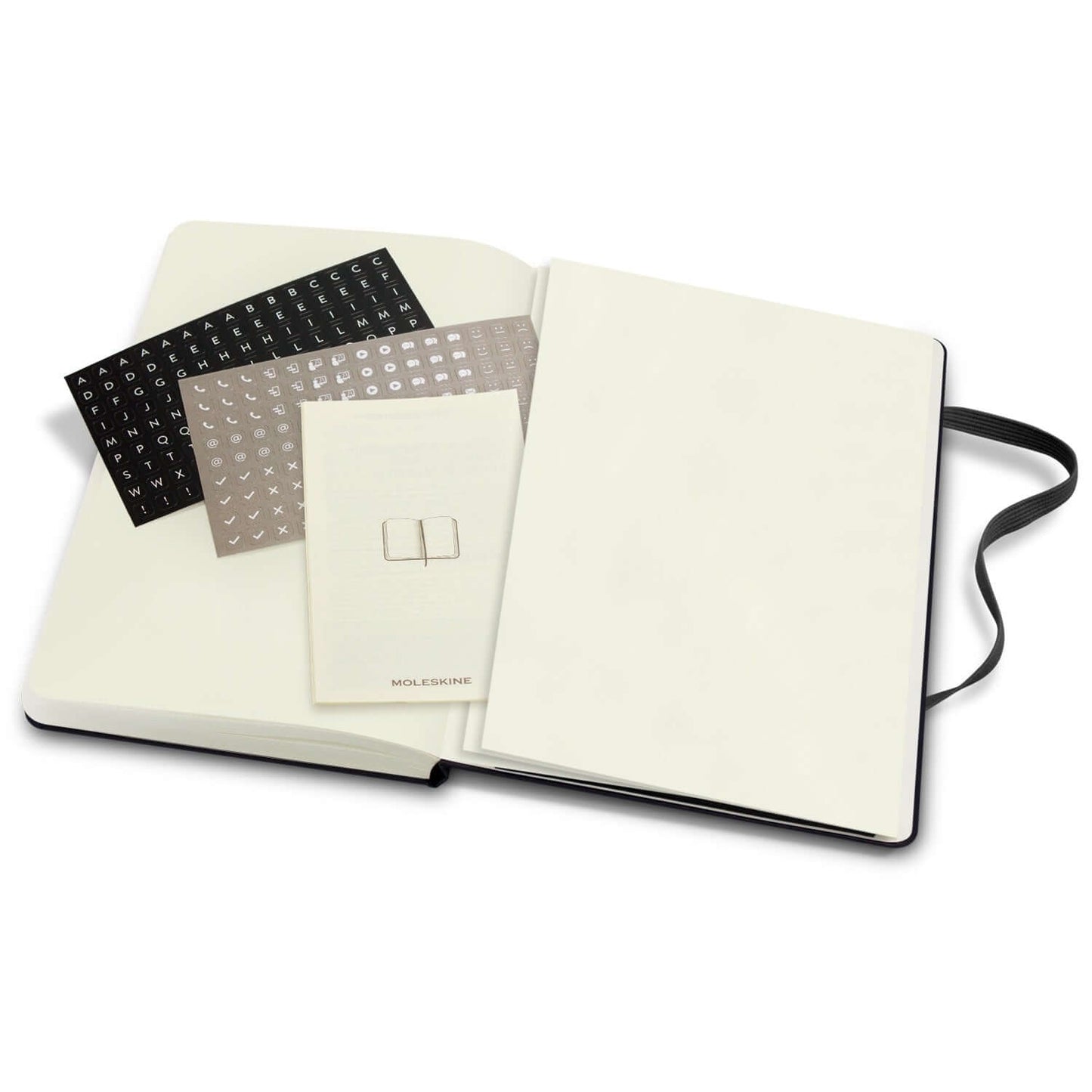 Moleskine Pro Hard Cover Notebook - Large open, featuring blank pages, stickers, and elastic closure, ideal for corporate gifts.