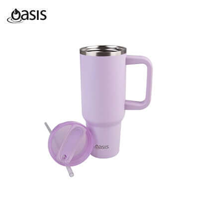 Oasis Stainless Steel Insulated Commuter Travel Tumbler 1.2L in lavender with lid and straw.