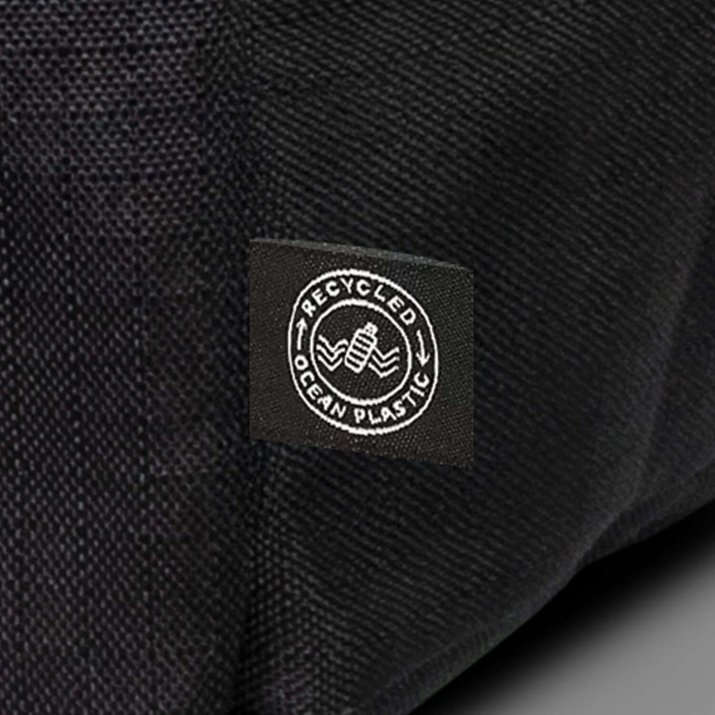 Oceana Recycled Backpack label showing Recycled Ocean Plastic logo for eco-friendly branding.