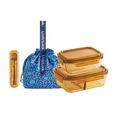 LocknLock Rhine Dynamic Amber Glass Lunch Box 4 pcs Set with blue storage bag and utensils